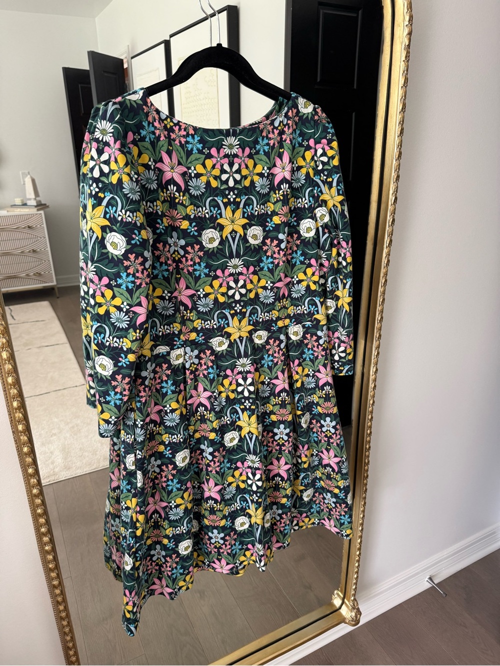 Boden Multicolor Floral Fit-and-Flare Dress in Dark Green, Yellow & Pink